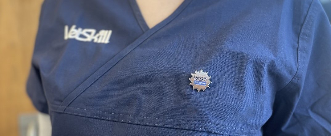 A silver star shaped pin badge created by VetSkill on a blue nurse's scrub top